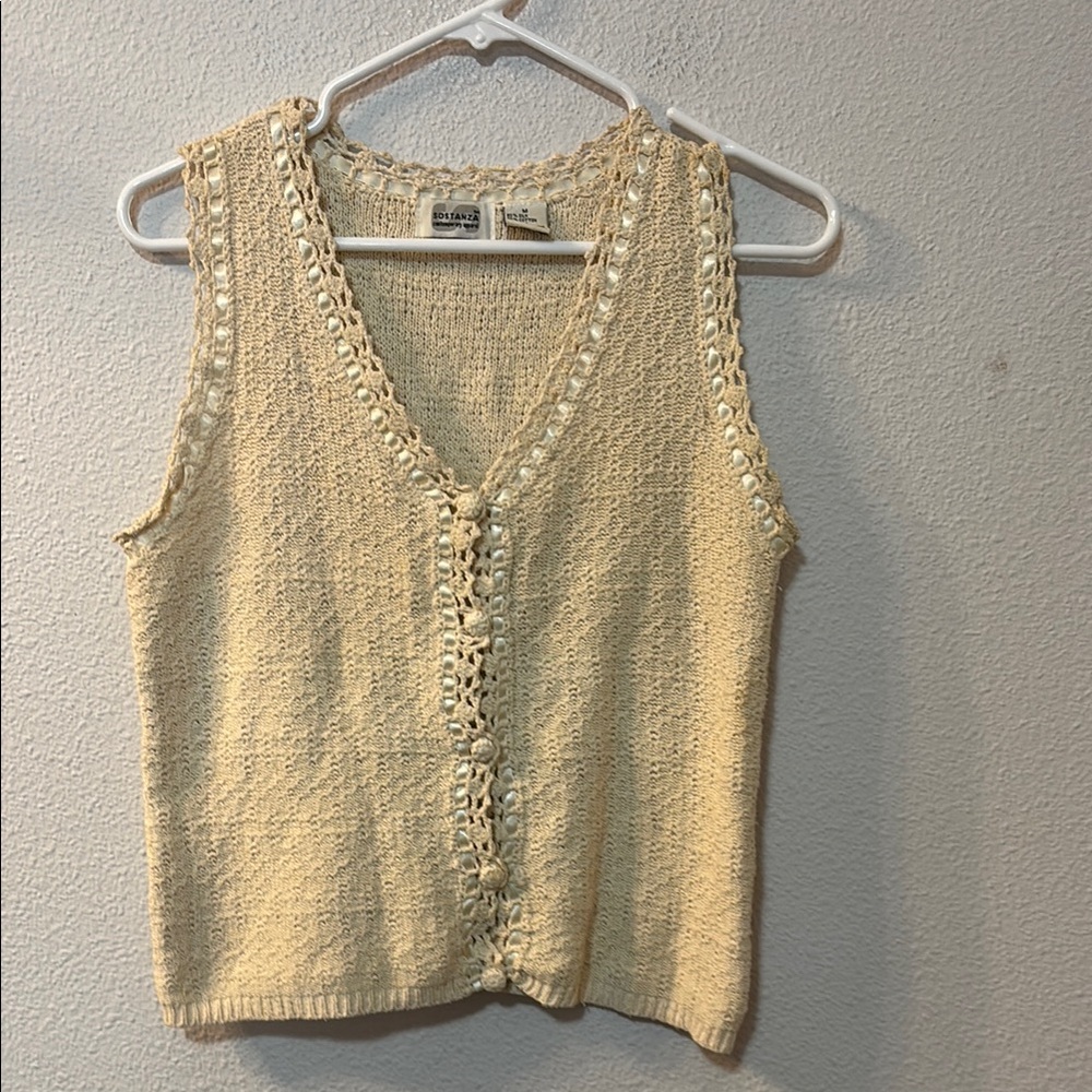 Sostanza cream button down sweater vest with ribbon trim